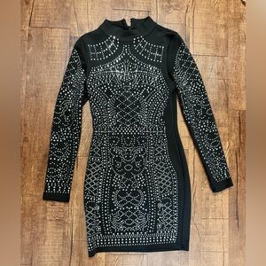 Black Studded Bodycon Mini Dress | High Neck | Long Sleeve | Size S